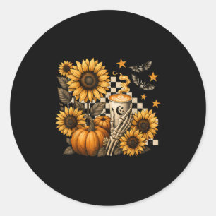 Adesivo Redondo Café Esqueleto de Halloween, Girassóis Abóbora Sok