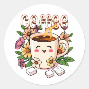 Adesivo Redondo Café Kawaii e Flores