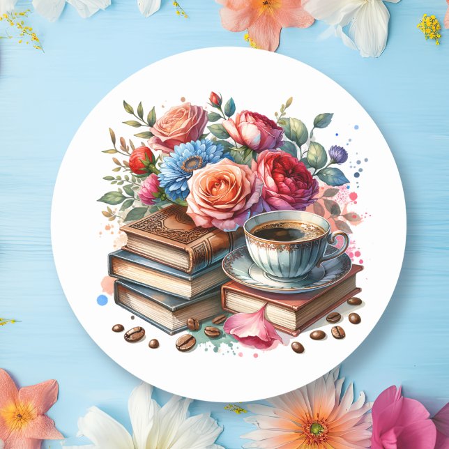 Adesivo Redondo Café, Livros e Flores Envelope Selo (Criador carregado)