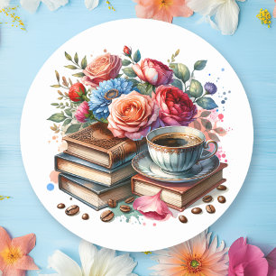 Adesivo Redondo Café, Livros e Flores Envelope Selo