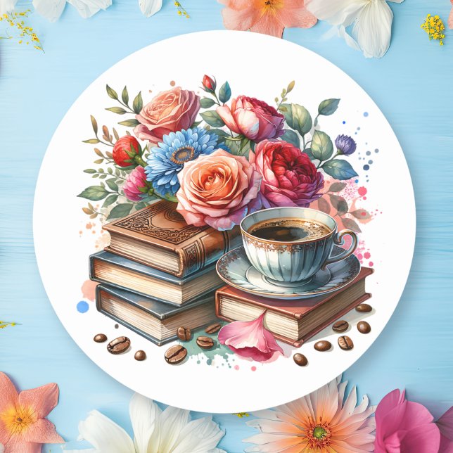 Adesivo Redondo Café, Livros e Flores Envelope Selo (Criador carregado)