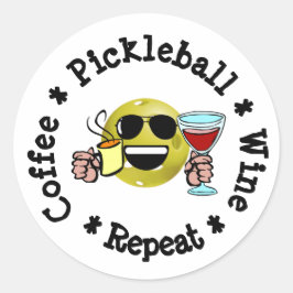 Adesivo Redondo Café, Pickleball, Vinho, Repetir Viciado em Pickle