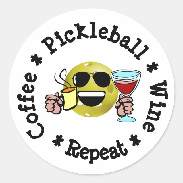 Adesivo Redondo Café, Pickleball, Vinho, Repetir Viciado em Pickle (Frente)