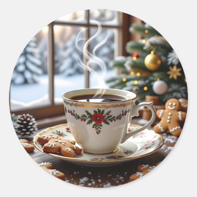 Adesivo Redondo Café quente e biscoitos de pão quente Natal (Frente)