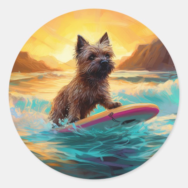 Adesivo Redondo Cairn Terrier Beach Surfing Painting