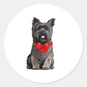Adesivo Redondo Cairn Terrier Vestindo um cartão de Arco de Natal