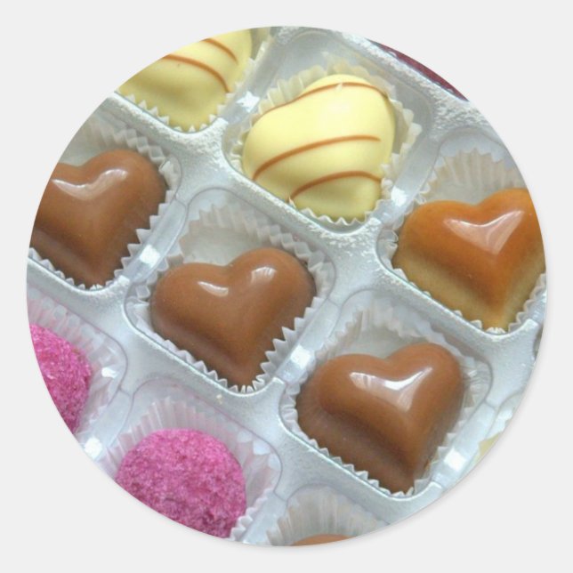 Adesivo Redondo Caixa de Coração de Chocolate (Frente)