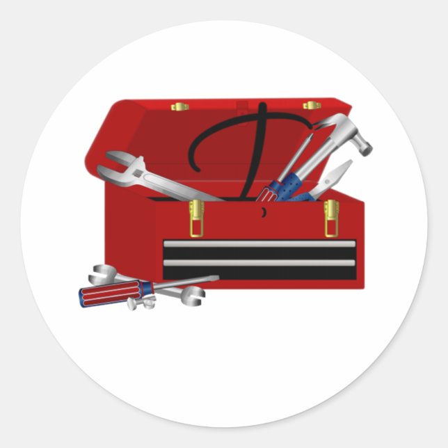 Adesivo Redondo Caixa de ferramentas do dia de os pais T inicial (Frente)