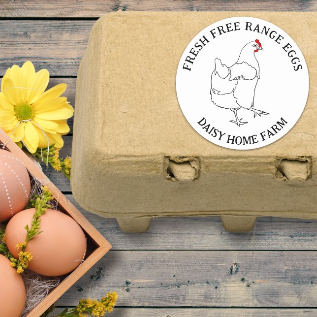 Adesivo Redondo Caixa de Ovos de Frango Fresco de Intervalo Livre (Fresh free range chicken eggs box stickers hen simple line drawing and business name)