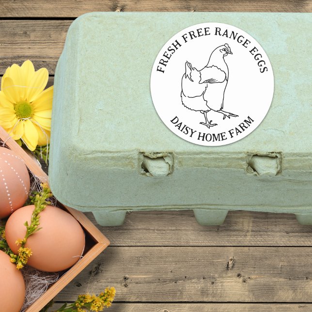 Adesivo Redondo Caixa de Ovos Simples de Galinha Livre (Simple free range fresh chicken eggs box sticker with business name)