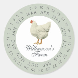Adesivo Redondo Caixa de Ovos Vintage Farm Hen Encircled Date Verd