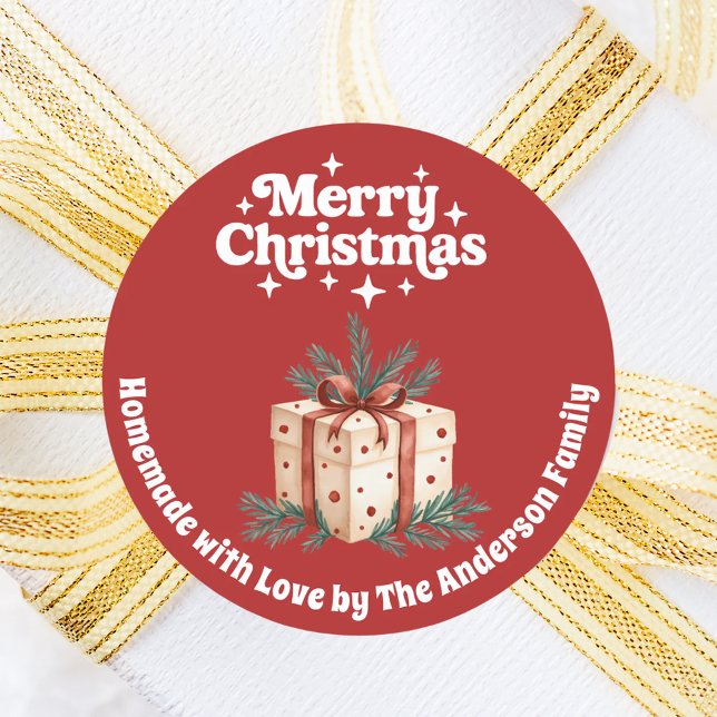Adesivo Redondo Caixa de presentes de Natal, branco vermelho (Criador carregado)
