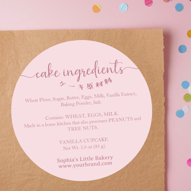 Adesivo Redondo Cake Ingredients Minimalist Pink Bakery Packaging (Criador carregado)