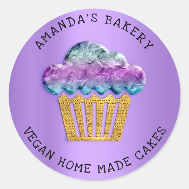 Adesivo Redondo Cakes Doce Padaria Padaria Muffin Violeta Dourado (Frente)