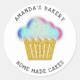 Adesivo Redondo Cakes Sweets Home Bakery Cupcake Hológrafo Dourad