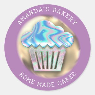 Adesivo Redondo Cakes Sweets Home Bakery Cupcake Hológrafo Roxo