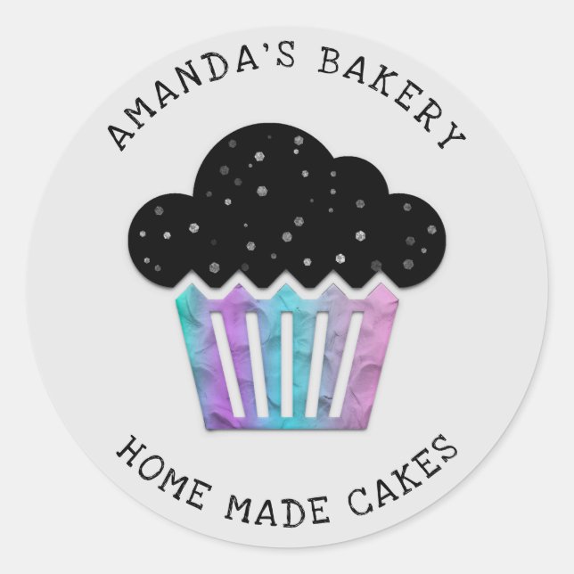 Adesivo Redondo Cakes Sweets Home Bakery Cupcake Hologre Cinza (Frente)