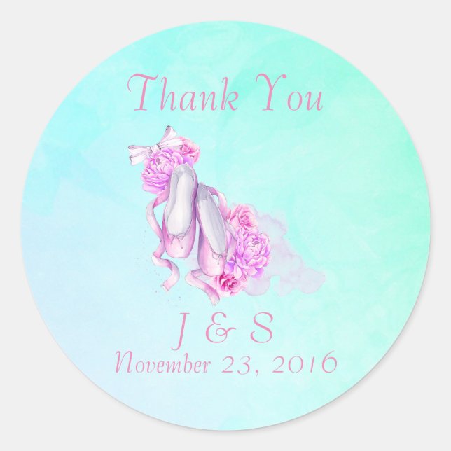 Adesivo Redondo Calçados de Balé de Aquarela Rosa - Obrigado (Frente)