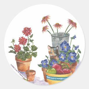 Adesivo Redondo Calico Cat Pansies Apple Watercolor "Paloma"