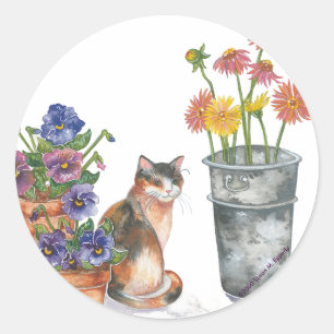 Adesivo Redondo Calico Cat Pansies Daisies Watercolor "Don Juan"