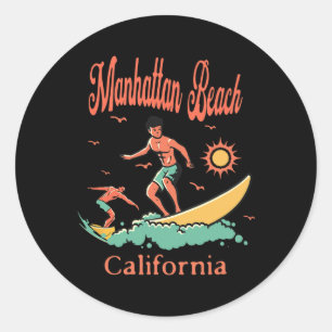 Adesivo Redondo Califórnia Manhattan Beach Ca Surfista Surfando Pe