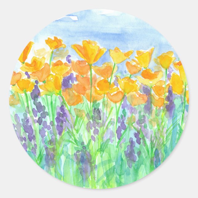 Adesivo Redondo California Poppies Purple Lupines Flores selvagens (Frente)