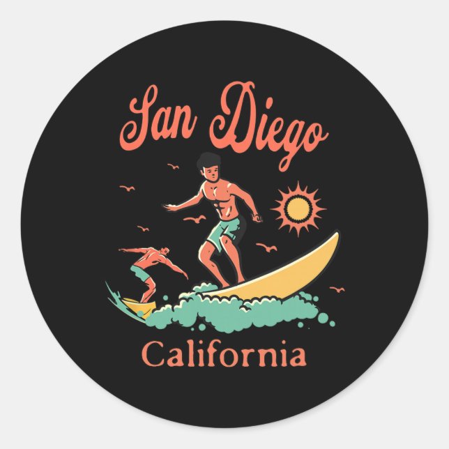 Adesivo Redondo California San Diego Ca Surfer Surfing Beach Vacat (Frente)