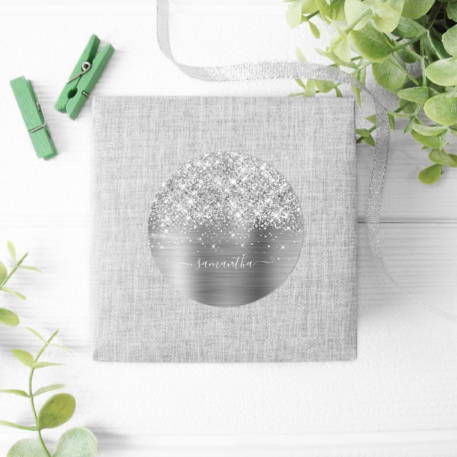 Adesivo Redondo Caligrafia de Assinatura Girly Silver (Personalized Signature Style Favor Stickers)