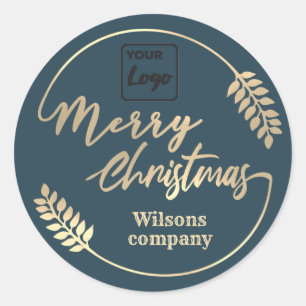 Adesivo Redondo Caligrafia de logotipo Feliz Natal coroa botânica