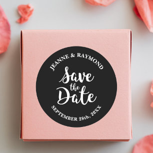 Adesivo Redondo Caligrafia Elegante Save the Date Casamento Preto