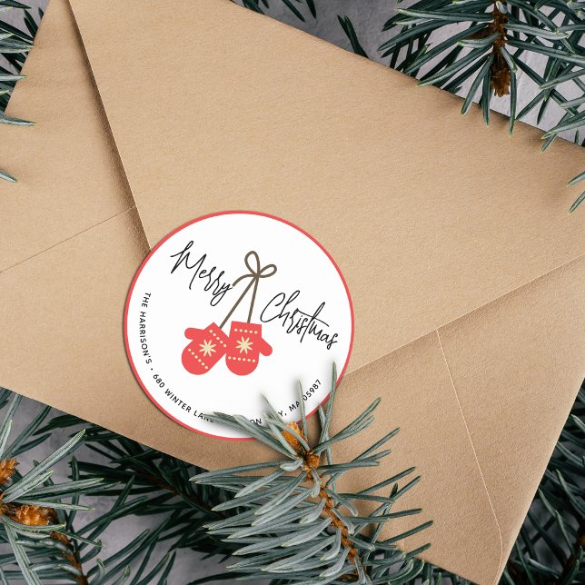 Adesivo Redondo Caligrafia Moderna Endereço de Devolução Red Mitte (Modern Calligraphy Red Mittens Return Address Classic Round Sticker)