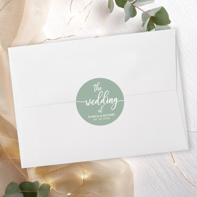 Adesivo Redondo Caligrafia Moderna O Casamento De Sage Green (Criador carregado)