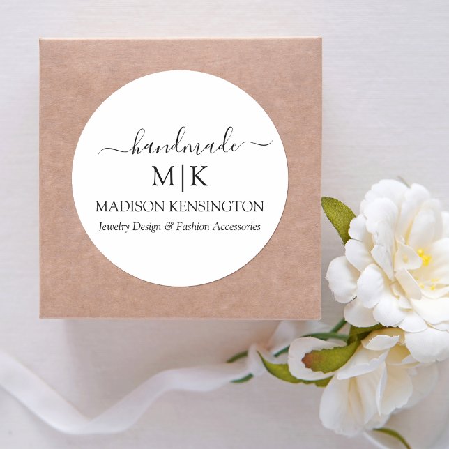 Adesivo Redondo Caligrafia Monograma feito à mão ou Adicionar logo (Edit to Customize text, colors and more)