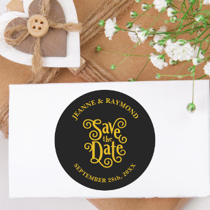 Adesivo Redondo Caligrafia Preto Dourado Casamento Salve a Data