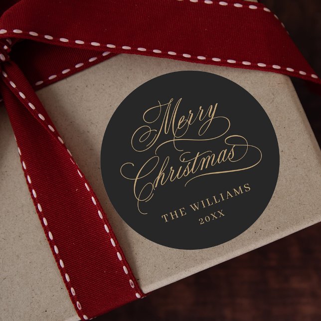 Adesivo Redondo Caligrafia romântica Feliz Natal Preto e Dourado (Criador carregado)