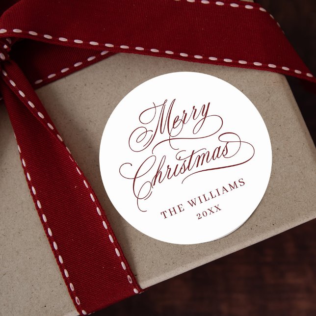 Adesivo Redondo Caligrafia Romântica Feliz Natal Vermelho e Branco (Criador carregado)