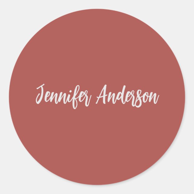 Adesivo Redondo Caligrafia Vermelho Brick Personalizado Elegante (Frente)