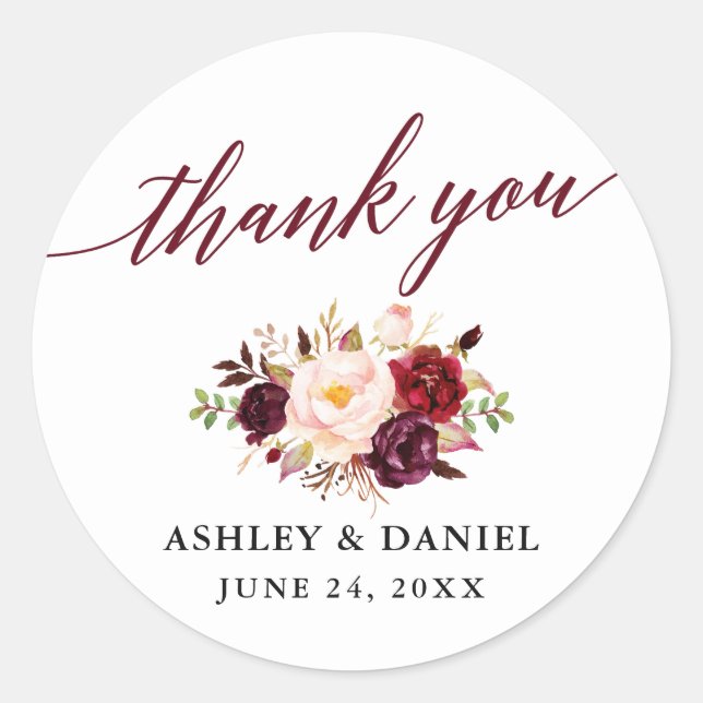 Adesivo Redondo Calligrafia Floral Burgundy Casamento Obrigado (Frente)