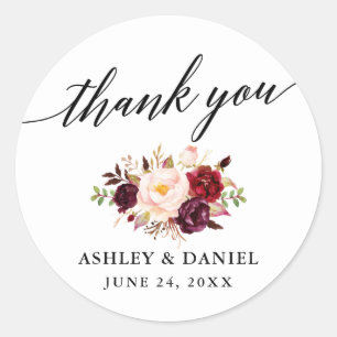 Adesivo Redondo Calliografia Burgundy Casamento Floral Obrigado