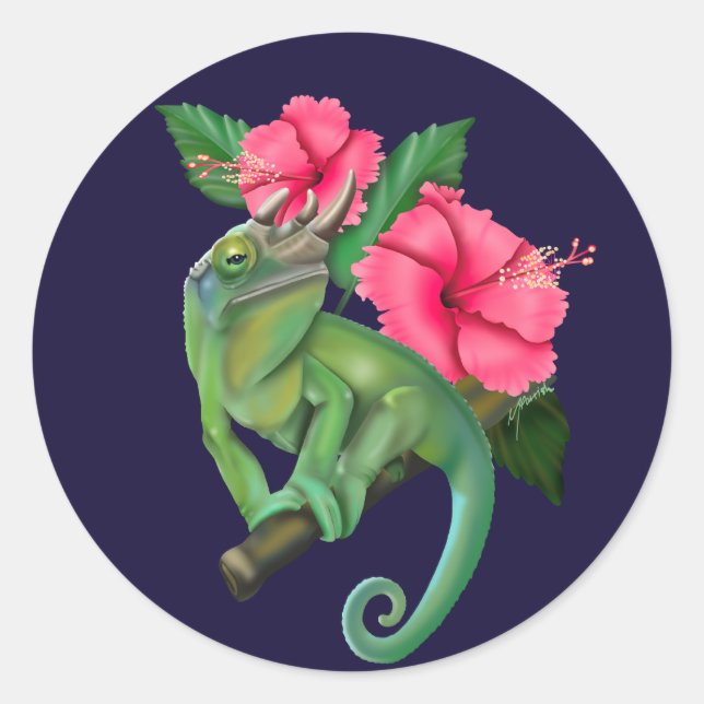 Adesivo Redondo Camaleão de Jackson com Hibiscus (Frente)