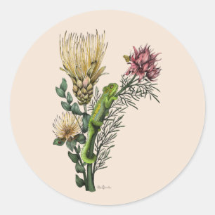 Adesivo Redondo Camaleão Fofônico em Arte Botânica com Buquê Flora