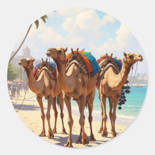 Adesivo Redondo Camelos na praia em Mombasa Kenya