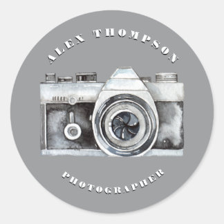 Adesivo Redondo Câmera Aquarela Fotografia Personalizada