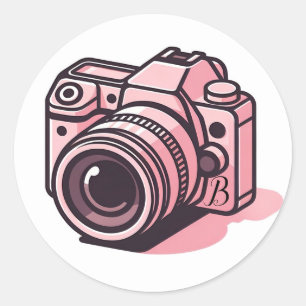 Adesivo Redondo Câmera DSLR Rosa na Moda Fotografia Personalizada
