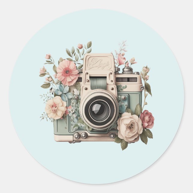 Adesivo Redondo Camera with Flowers Retro Pastel Image (Frente)