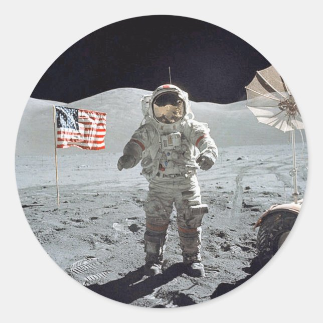 Adesivo Redondo Caminhada-da-lua...Astronauta com bandeira america (Frente)