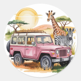 Adesivo Redondo Caminhão cor-de-rosa com Chá de fraldas Safari