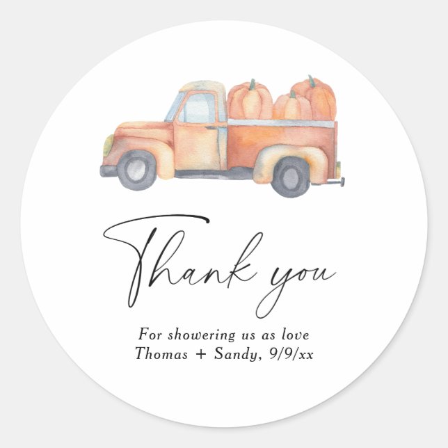 Adesivo Redondo Caminhão de abóbora - Obrigado, Chá de fraldas (Frente)