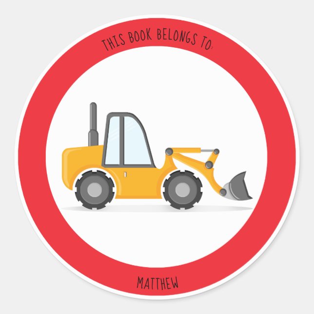Adesivo Redondo Caminhão de Construção Este Livro Pertence (Frente)