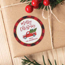 Adesivo Redondo Caminhão de Natal Alegre Plaid Vermelho de Búfalo